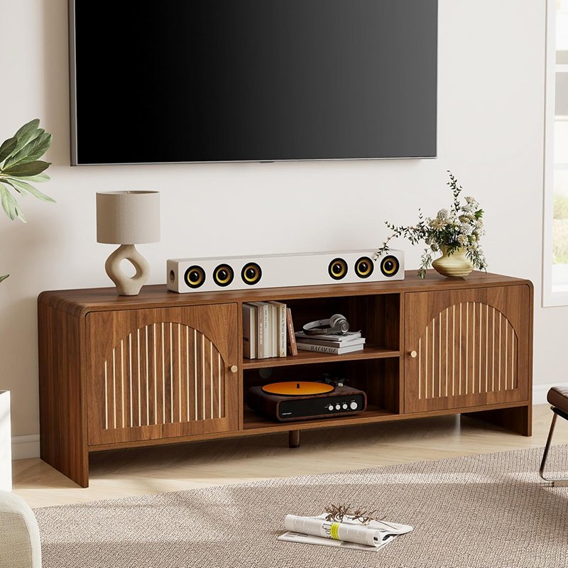 TV Stand for 55/60/65 Inch TV, Farmhouse Entertainment Center with Arched Doors and Adjustable Shelf