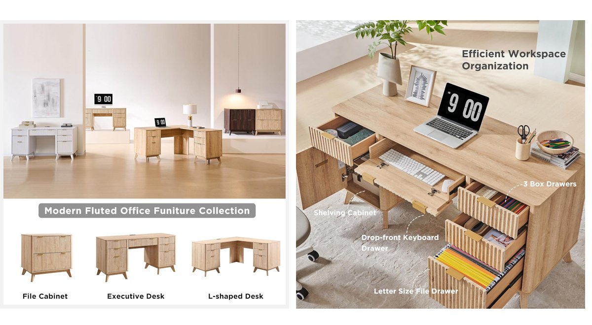 Fluted Executive Desk with Drawers, 60" Modern Home Office Computer Desk with Charging Station, File Cabinet