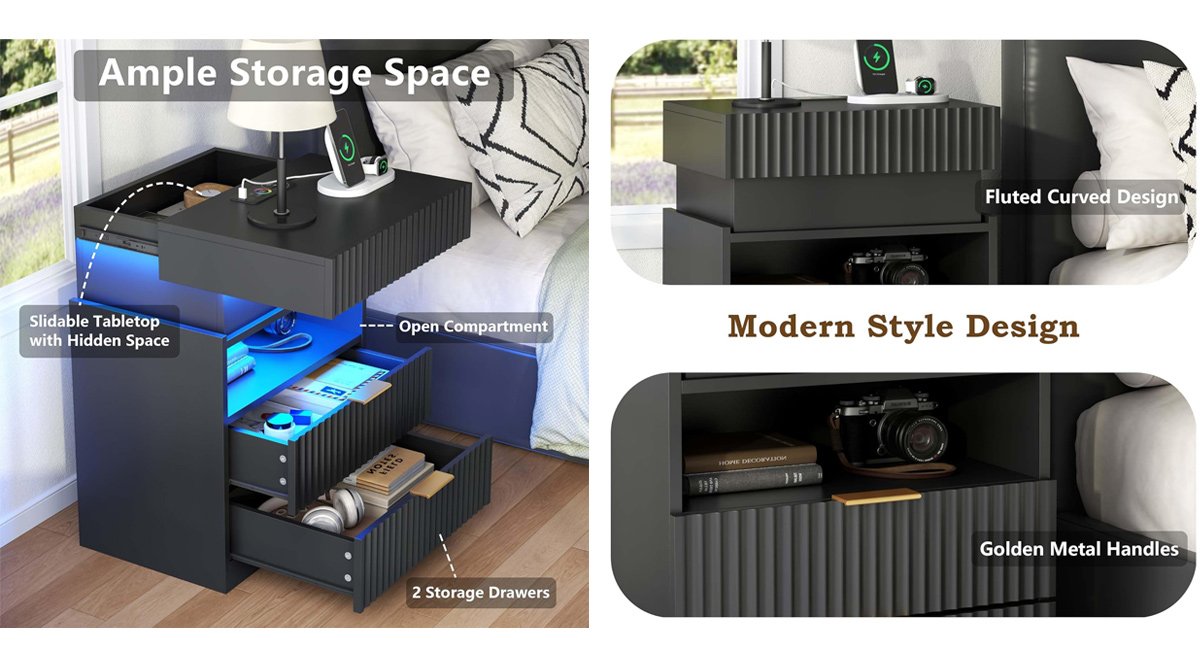 Night Stand with Wireless Charging Station, Black Bedside Table with Hidden Gun Drawer & LED Lights