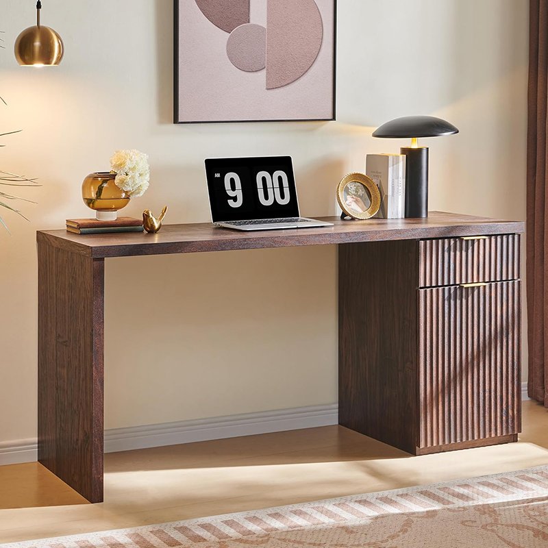 Wood Home Office Desk with Drawer & Cabinet