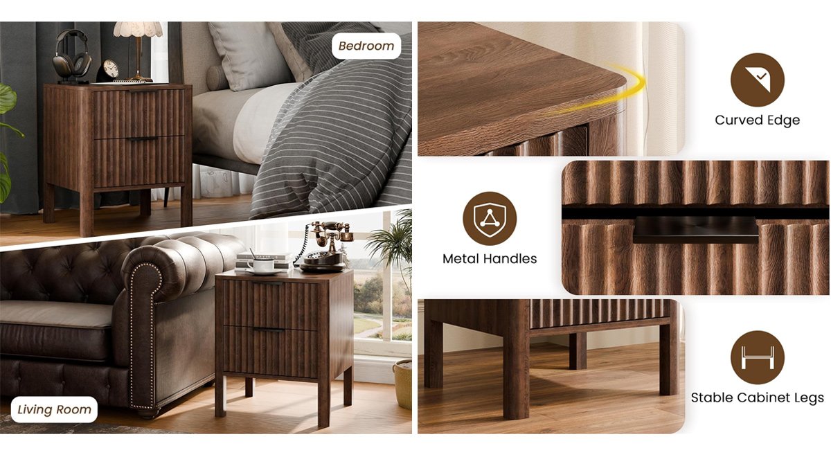 18" Fluted Nightstands, Bed Side Tables with Drawers for Bedroom