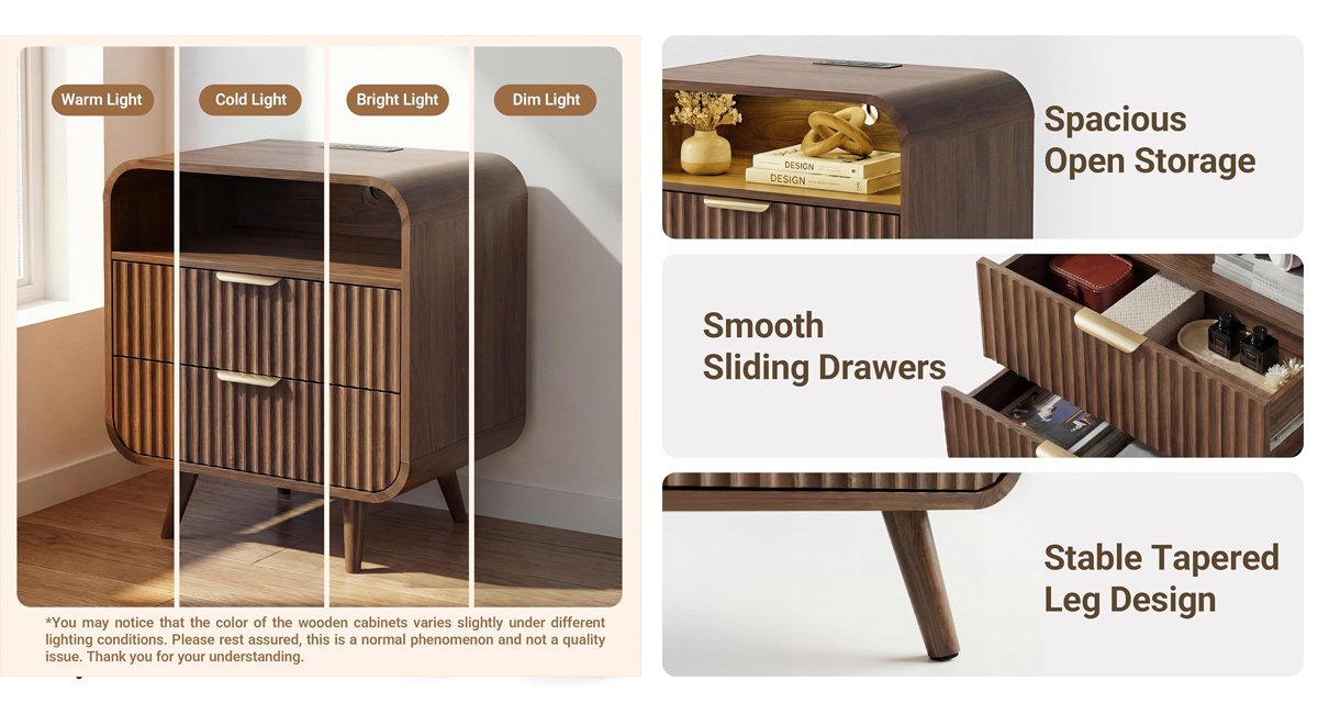 24" Curved Nightstand,Bedside Table with Charging Station & LED Light,Modern Fluted End Table with 2 Drawers