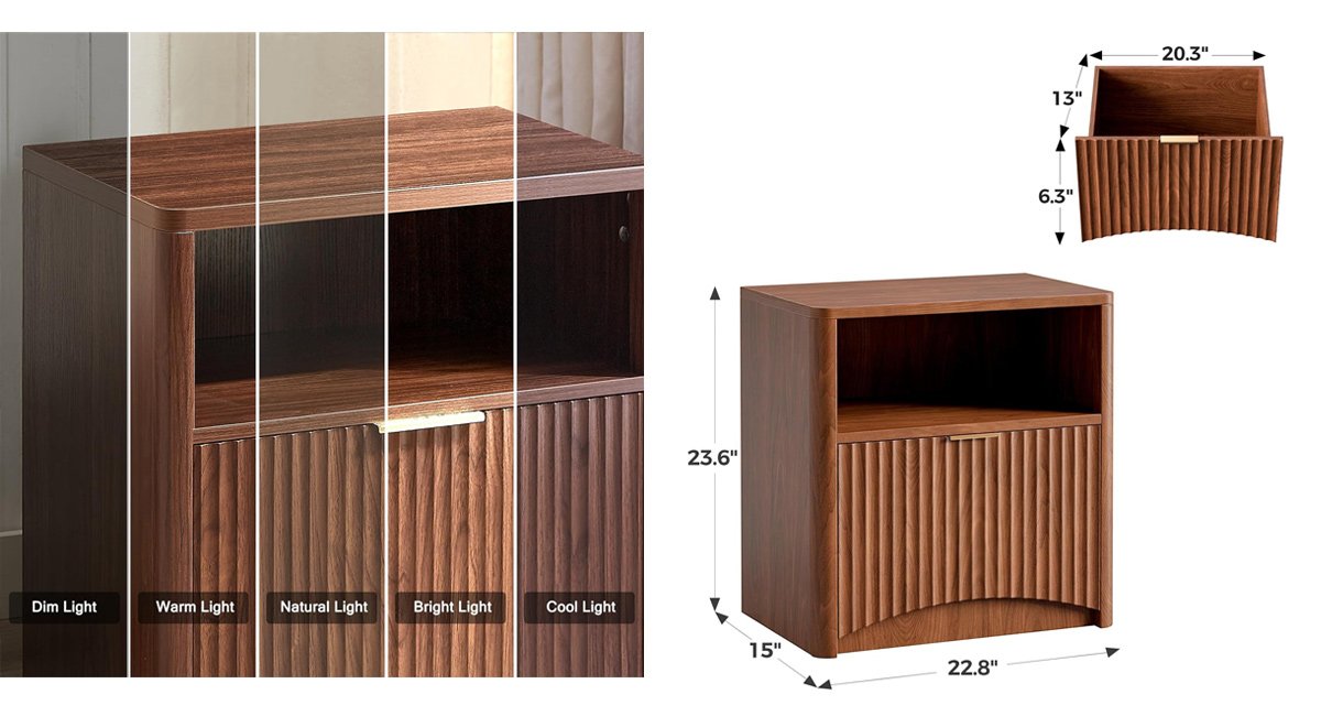 Fluted Nightstand, Walnut Bedside Table with Drawer and Storage