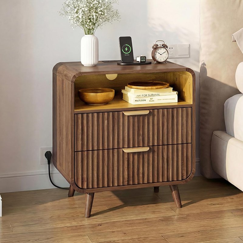 Curved Nightstand,Bedside Table with Charging Station & LED Light