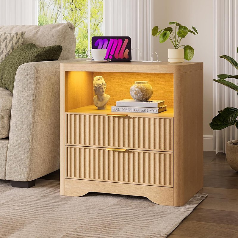 Fluted Nightstand with Charging Station & LED Light