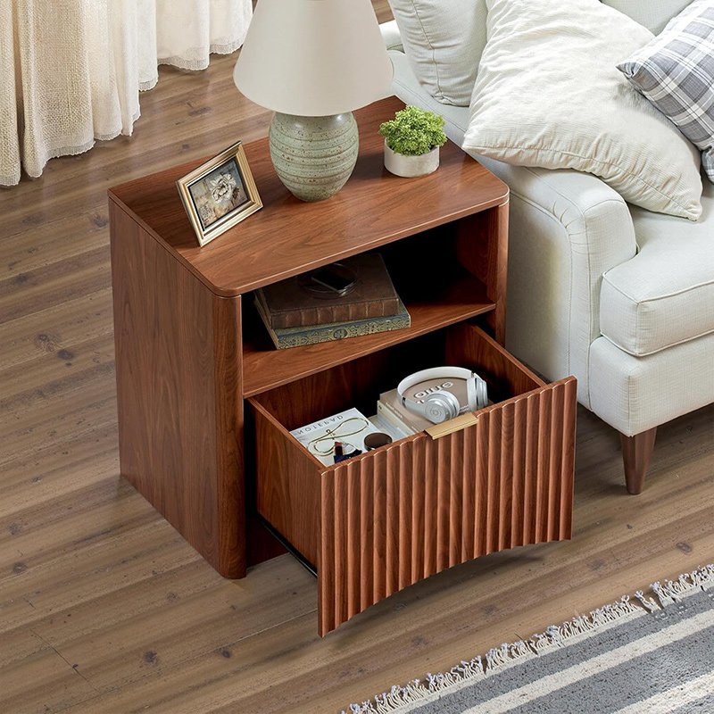 Fluted Nightstand, Walnut Bedside Table with Drawer and Storage