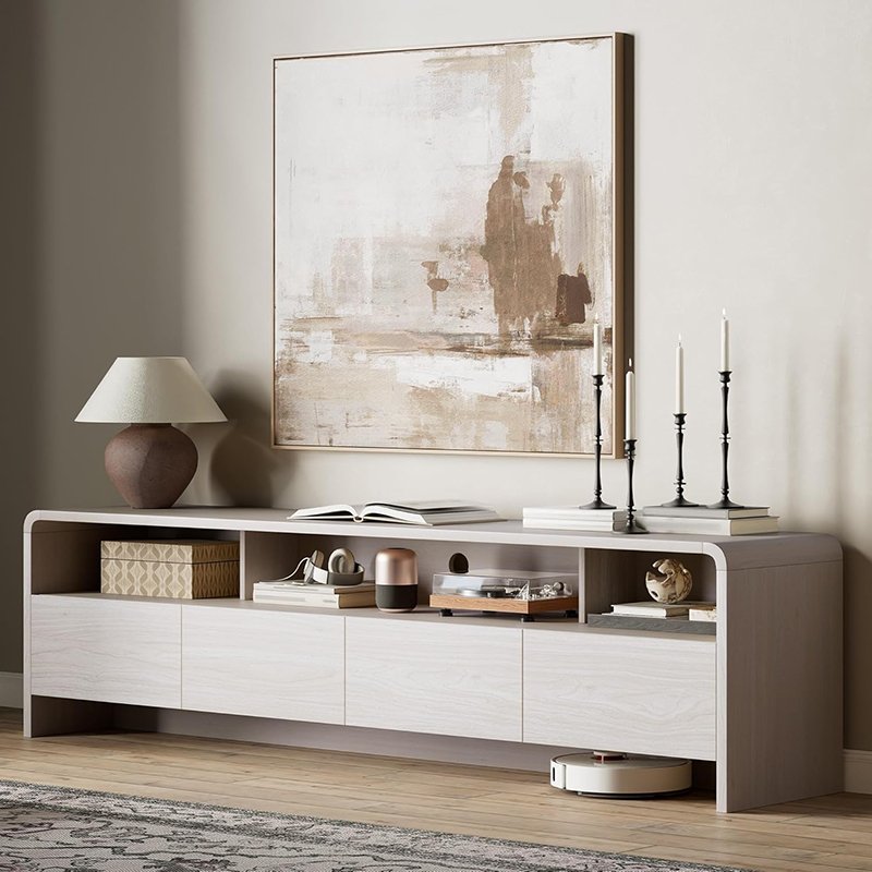 TV Stand with Curved Edge for TVs up to 80", Modern TV Console with Open Shelves & Storage Cabinets