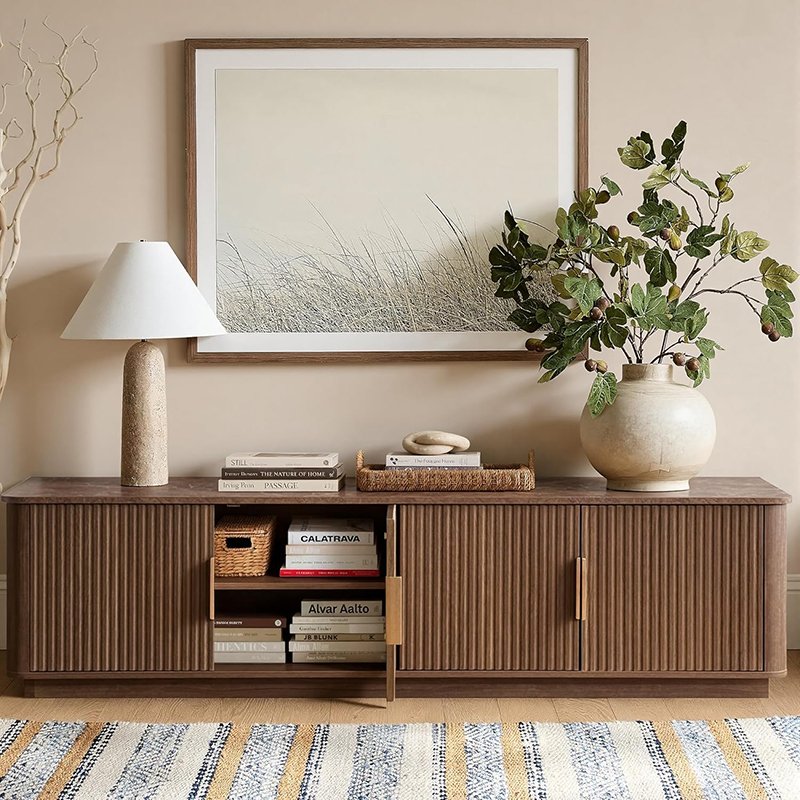 71" TV Stand for 80 Inch TV, Mid Century Modern Fluted Entertainment Center with Faux Marble Top