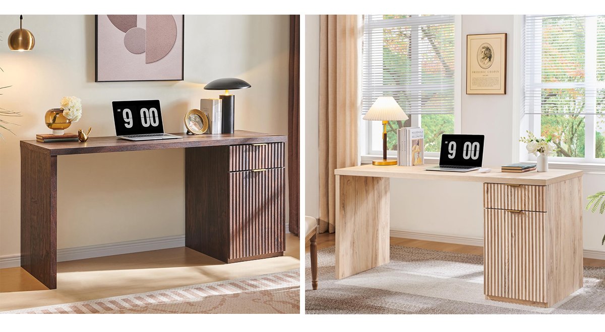 60" Modern Executive Desk with Storage, Wood Home Office Desk with Drawer & Cabinet