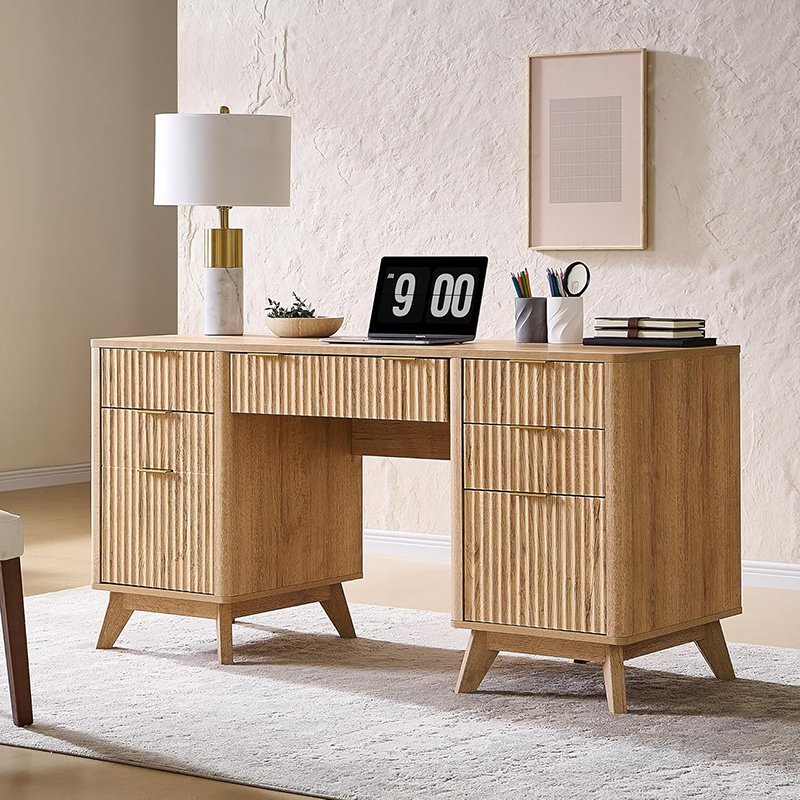 Fluted Executive Desk with Drawers, 60" Modern Home Office Computer Desk with Charging Station, File Cabinet