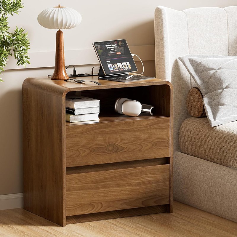 Nightstand with Hidden Drawers Walnut Night Stand with Charger Station