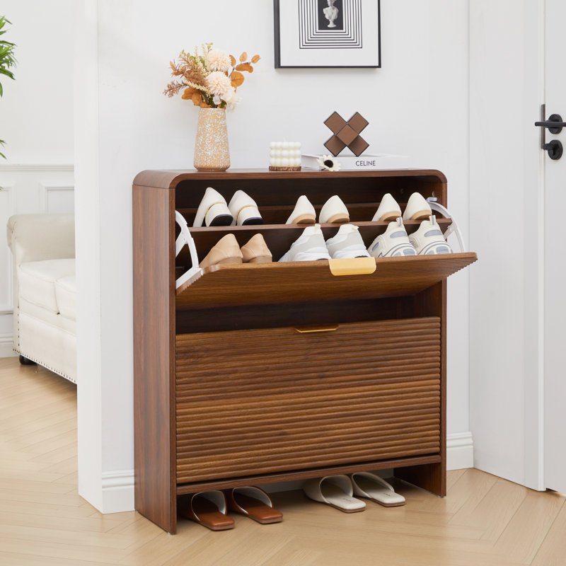 16 Pair Shoe Storage Cabinet With 2 Flip Drawers