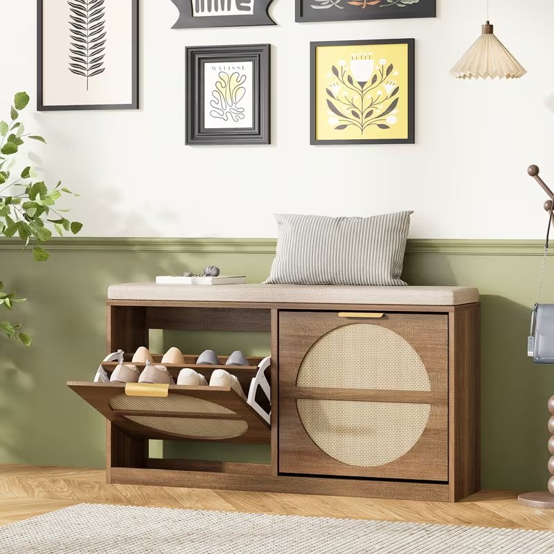 Rustic Rattan Entryway Bench with Cushion & Coat Rack