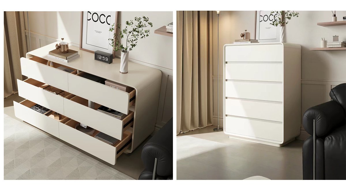 Solid wood chest of drawers for bedroom at the end of the bed, cream storage cabinet, drawer storage cabinet